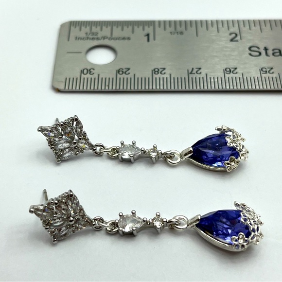 Silver White Rhinestone Blue Glass Handmade Dangle Earrings - Picture 3 of 3